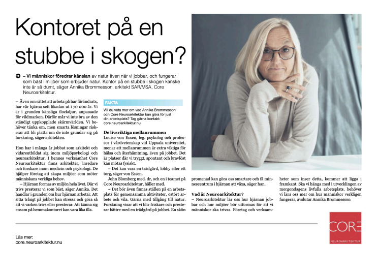 Kontoret på en stubbe i skogen? Läs artikeln i DN -  Morgondagens kontor 2020-12-08