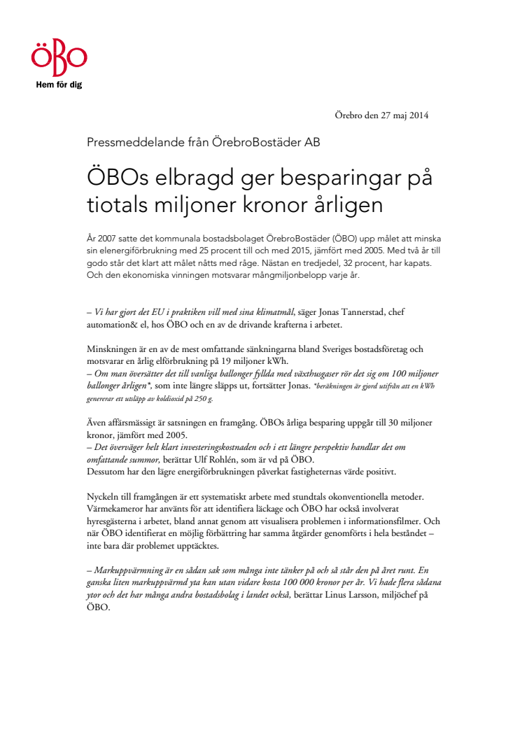 ÖBOs elbragd ger besparingar på tiotals miljoner kronor årligen