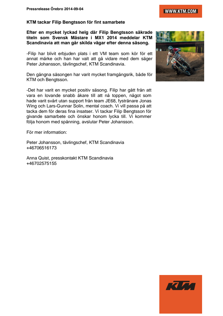 KTM tackar Filip Bengtsson för fint samarbete