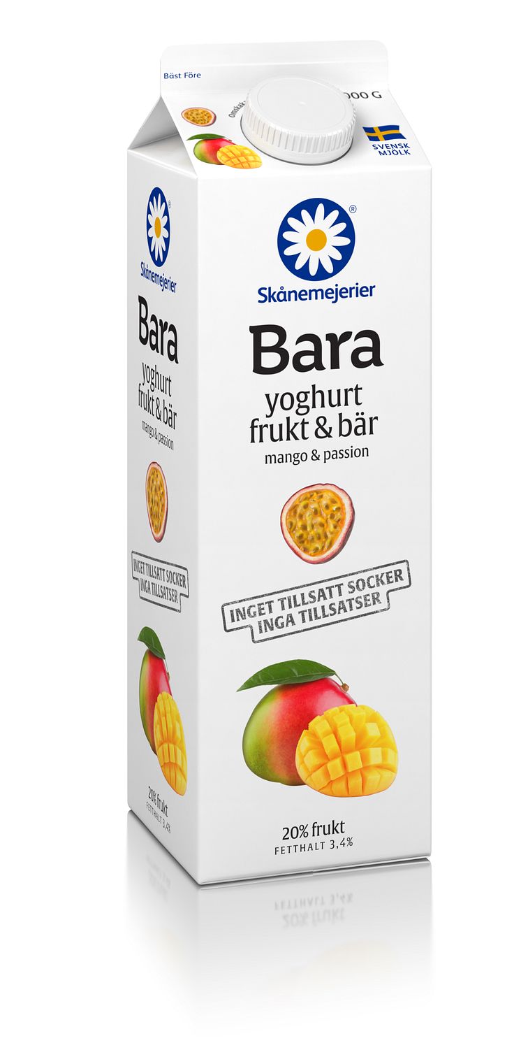 ”Skånemejerier Bara” - Sveriges enda yoghurt utan tillsatt socker eller tillsatser - kommer nu med ny smak av Mango & Passion