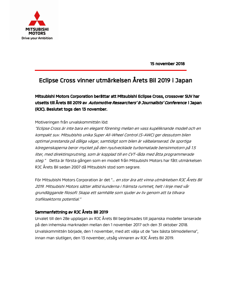 Eclipse Cross vinner utmärkelsen Årets Bil 2019 i Japan