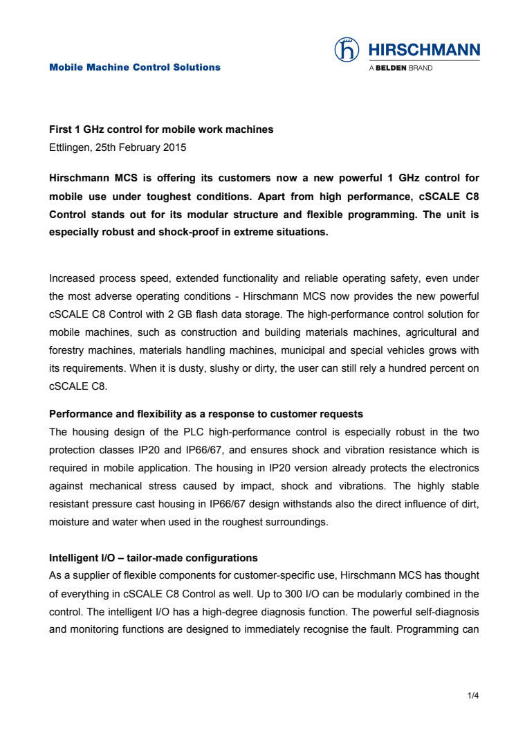 First 1 GHz control for mobile work machines