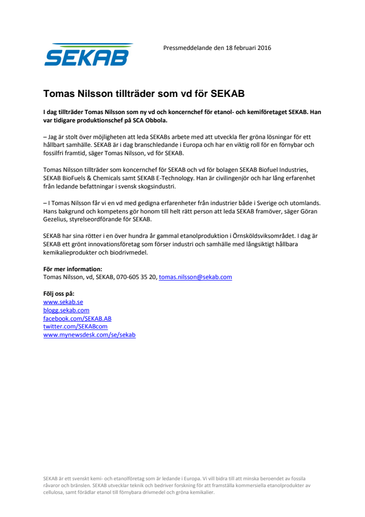Tomas Nilsson tillträder som vd för SEKAB 