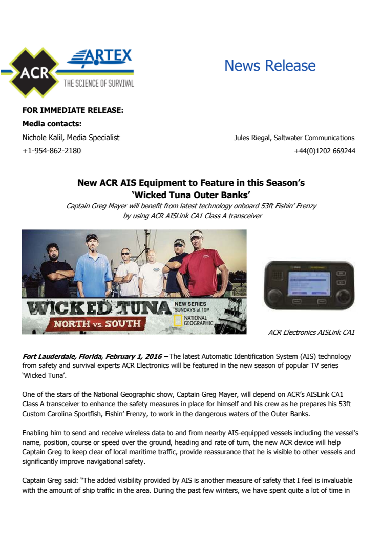 ACR Electronics Inc: New ACR AIS Equipment to Feature in this Season’s ‘Wicked Tuna Outer Banks’