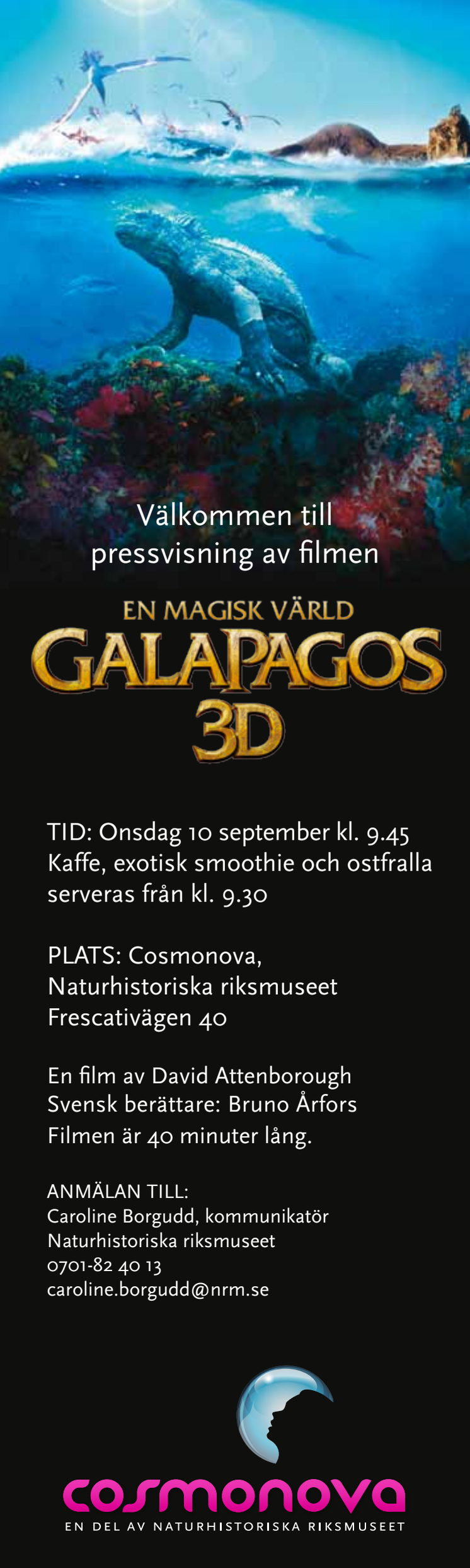 Inbjudan pressvisning Galapagos 3D på Cosmonova