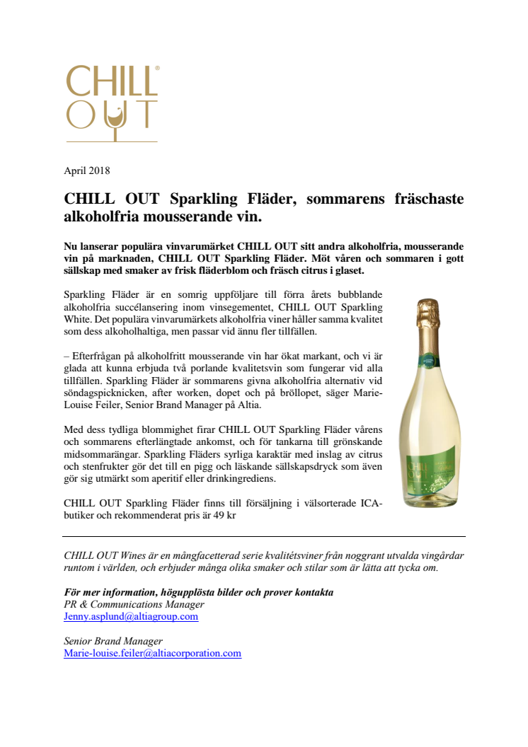 CHILL OUT Sparkling Fläder:  sommarens fräschaste alkoholfria mousserande vin