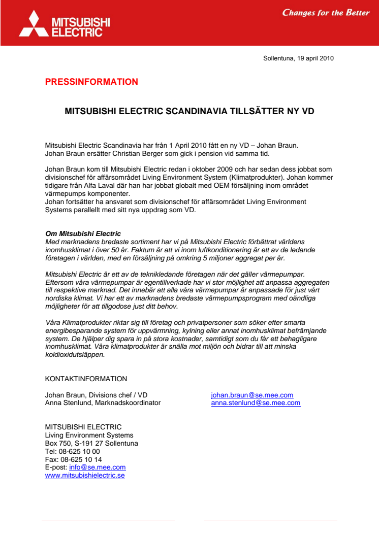 MITSUBISHI ELECTRIC SCANDINAVIA TILLSÄTTER NY VD