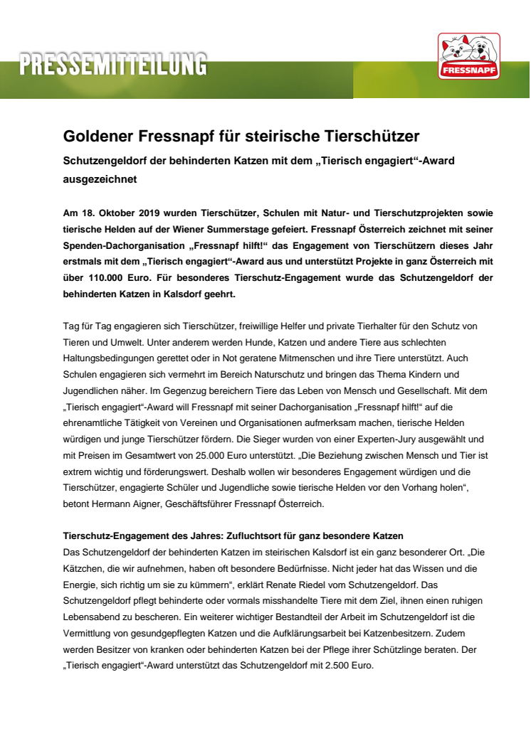 Goldener Fressnapf für steirische Tierschützer