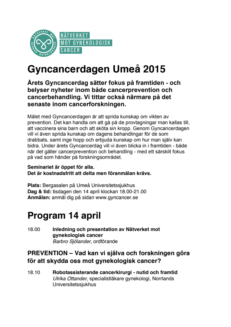 Gyncancerdagen 2015 i Umeå den 14 april - HELA PROGRAMMET