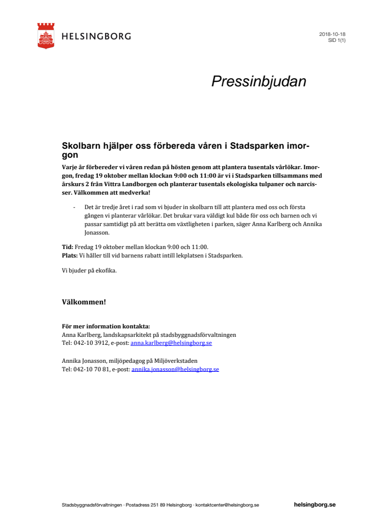 ​Pressinbjudan: Skolbarn hjälper oss förbereda våren i Stadsparken imorgon