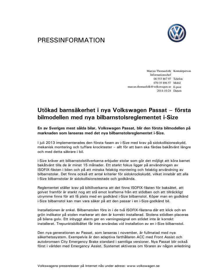 Utökad barnsäkerhet i nya Volkswagen Passat – första bilmodellen med nya bilbarnstolsreglementet i-Size