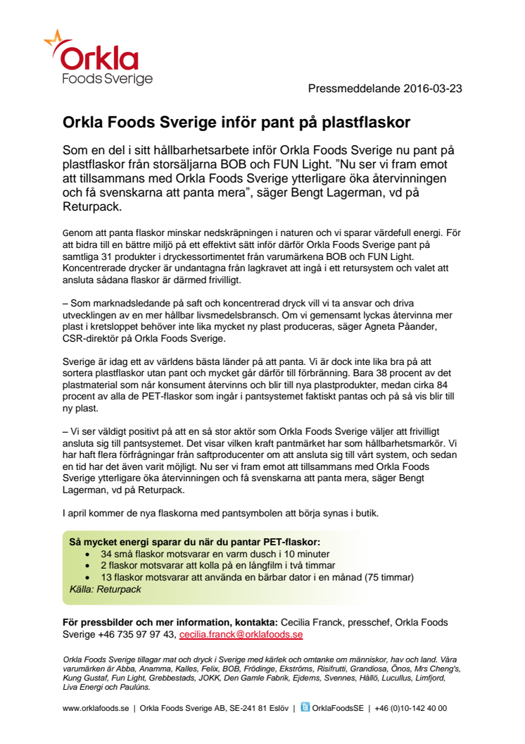 Orkla Foods Sverige inför pant på plastflaskor 