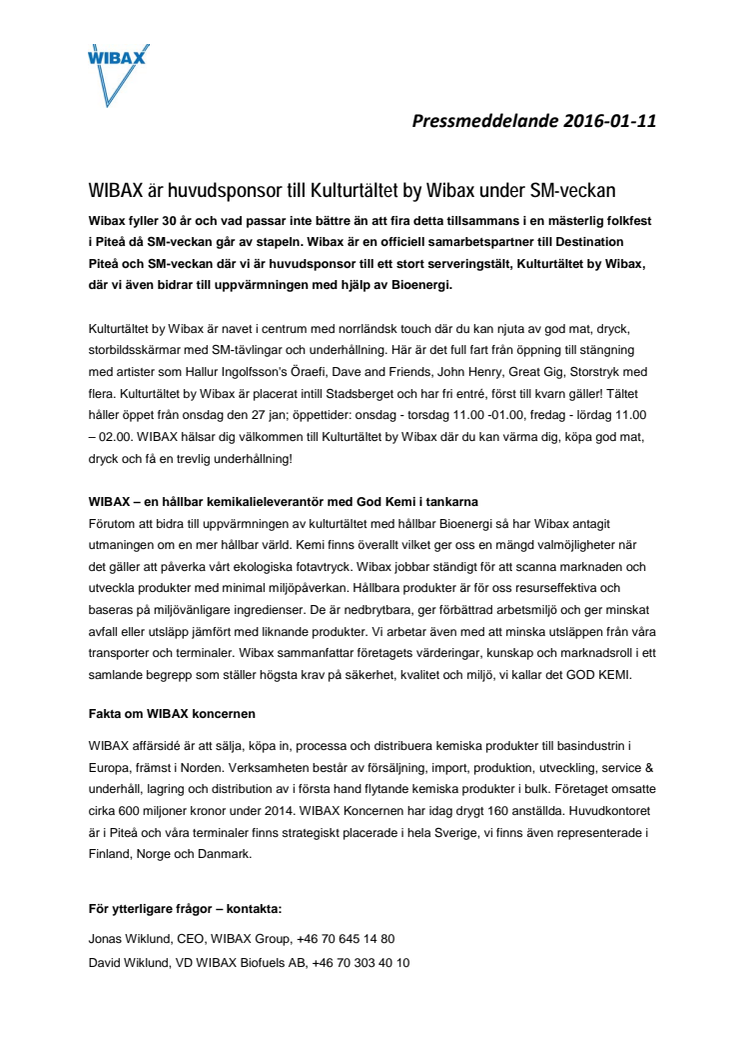 WIBAX är huvudsponsor till Kulturtältet by Wibax under SM-veckan 