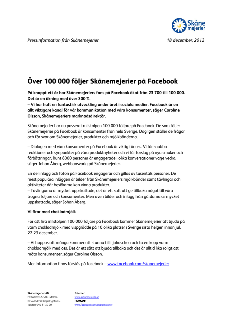 Över 100 000 följer Skånemejerier på Facebook