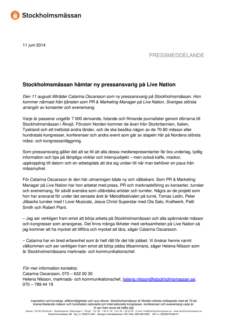 Stockholmsmässan hämtar ny pressansvarig på Live Nation