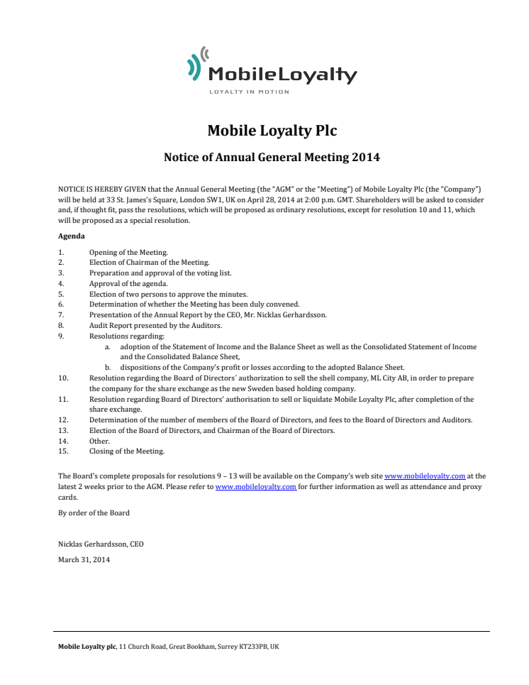 Mobile Loyalty: Notice of Annual General Meeting 2014