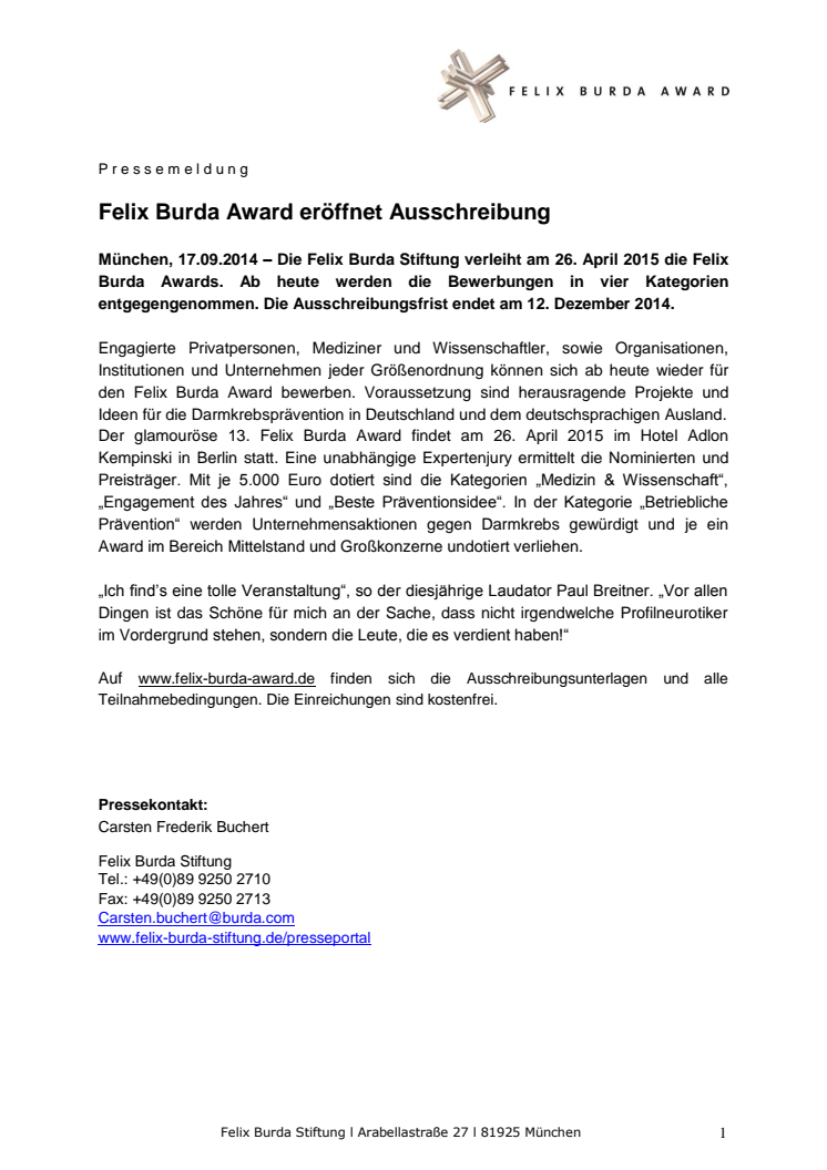 Felix Burda Award eröffnet Ausschreibung