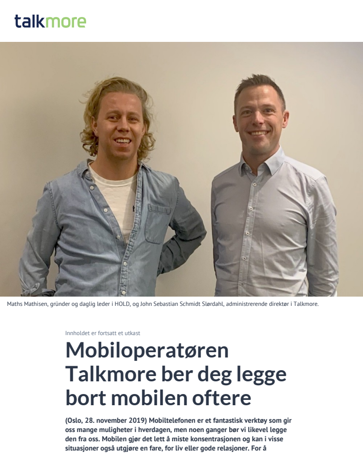 Mobiloperatøren Talkmore ber deg legge bort mobilen oftere