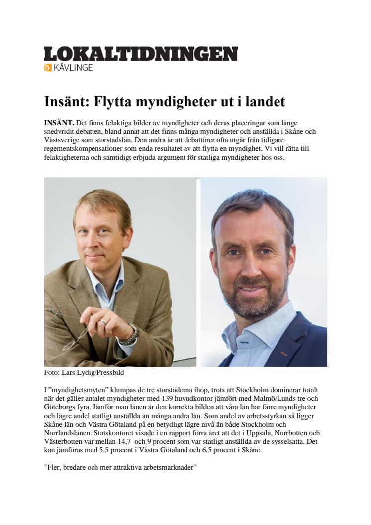 Insänt: Flytta myndigheter ut i landet