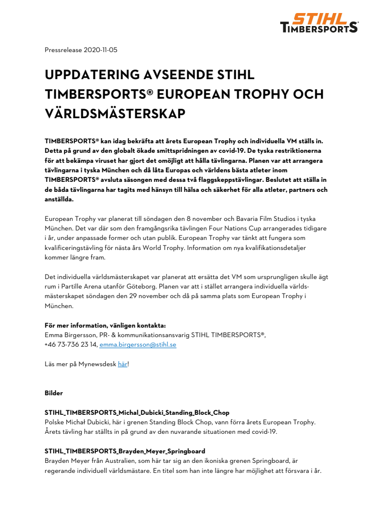 Uppdatering avseende STIHL TIMBERSPORTS® European Trophy och världsmästerskap
