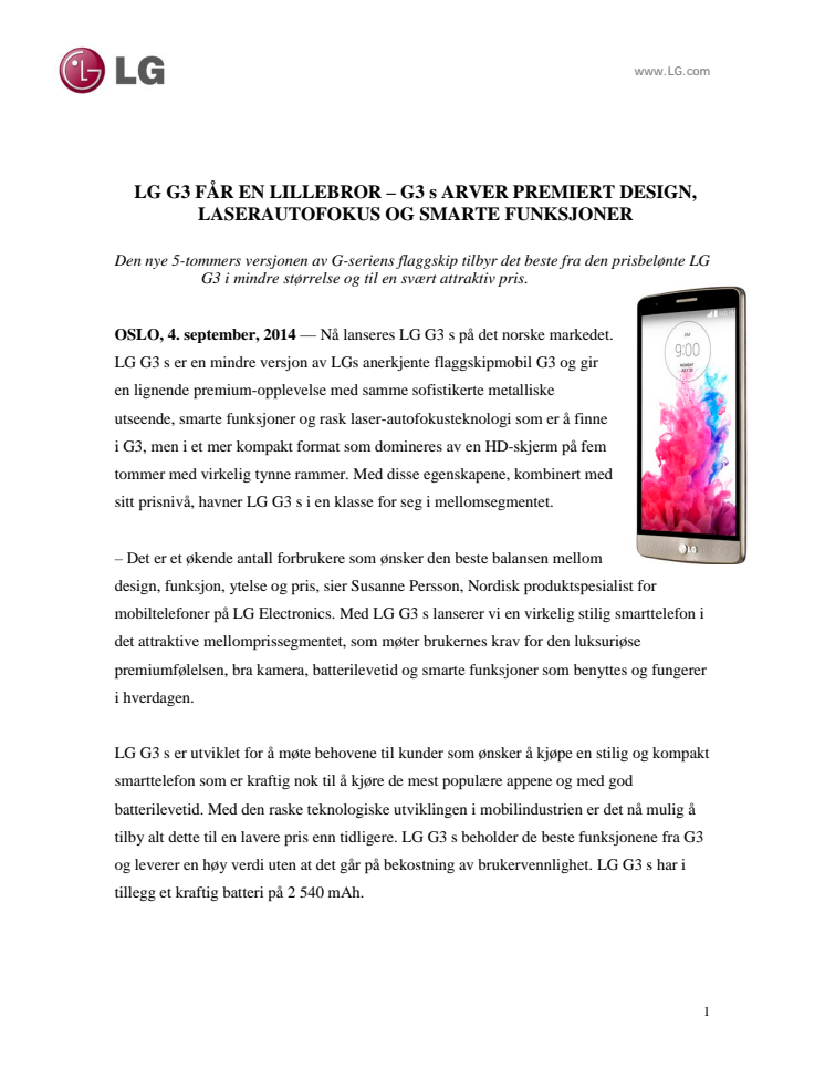 LG G3 FÅR EN LILLEBROR – G3 s ARVER PREMIERT DESIGN, LASERAUTOFOKUS OG SMARTE FUNKSJONER