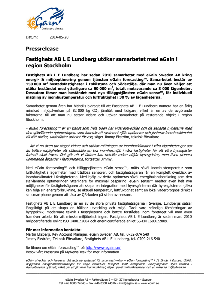 Fastighets AB L E Lundberg utökar samarbetet med eGain i region Stockholm