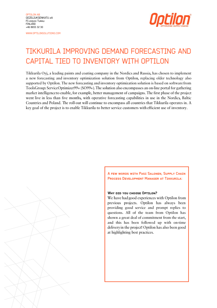 Tikkurila förbättrar prognoser i strävan efter att minska kapitalbindning i lager