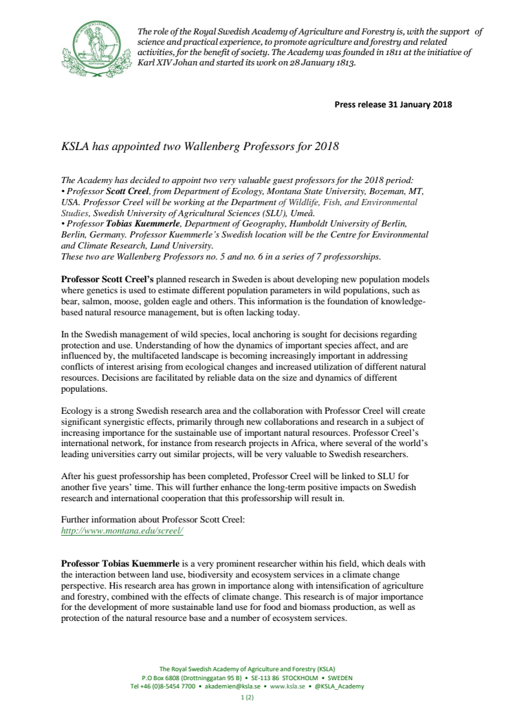 KSLA has appointed two Wallenberg Professors for 2018
