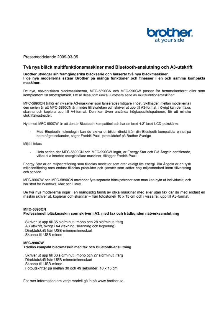 Brother International Sweden AB: Två nya bläck multifunktionsmaskiner med Bluetooth-anslutning och A3-utskrift