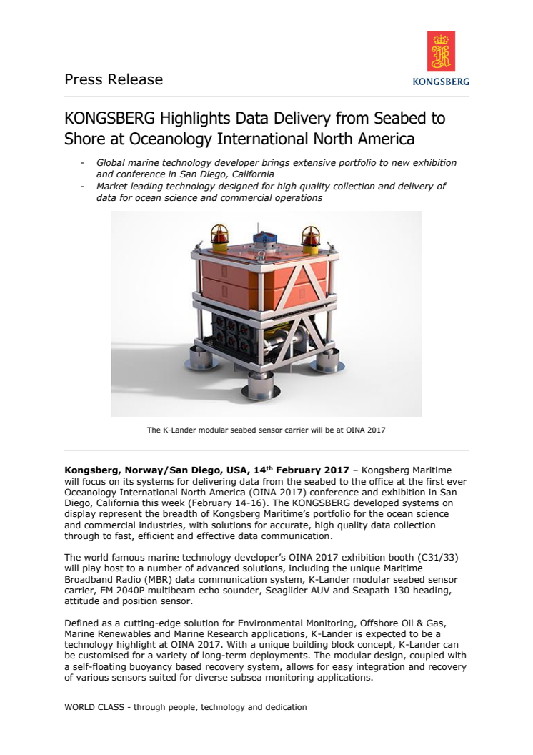 Kongsberg Maritime: KONGSBERG Highlights Data Delivery from Seabed to Shore at Oceanology International North America 