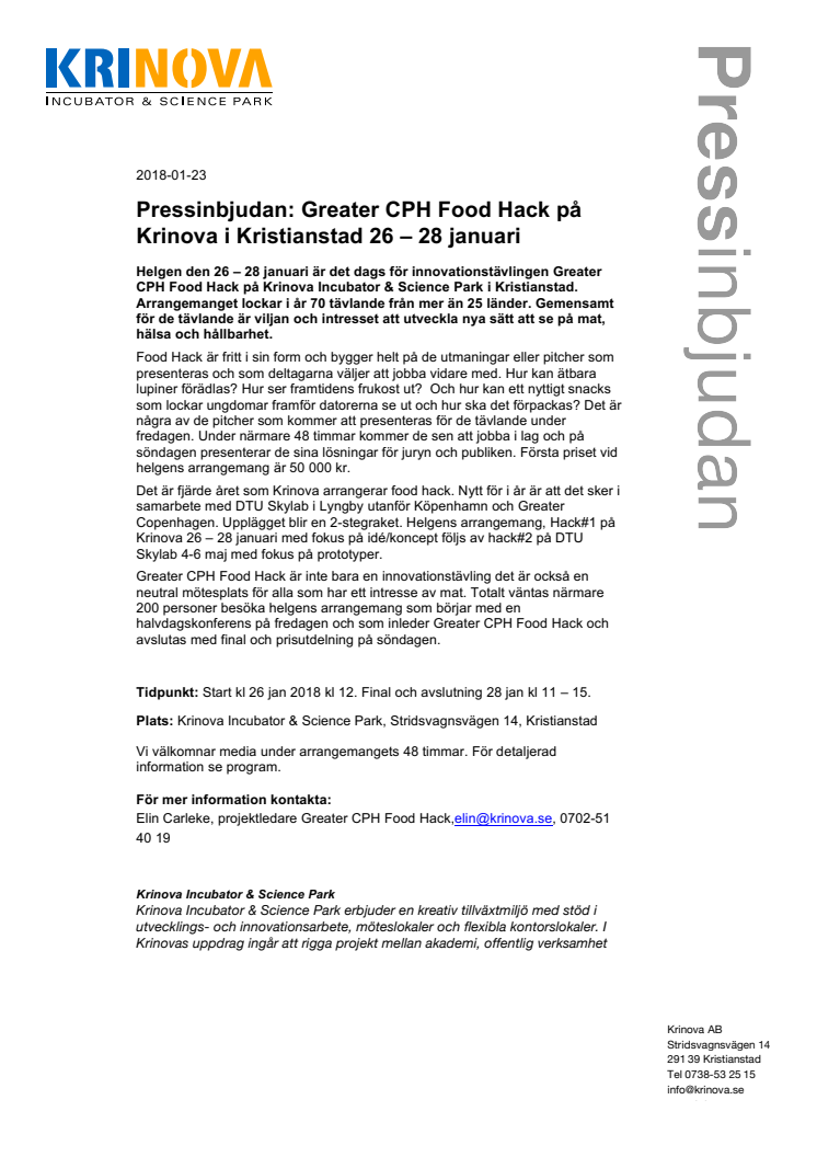 Pressinbjudan: Greater CPH Food Hack på Krinova i Kristianstad 26 – 28 januari