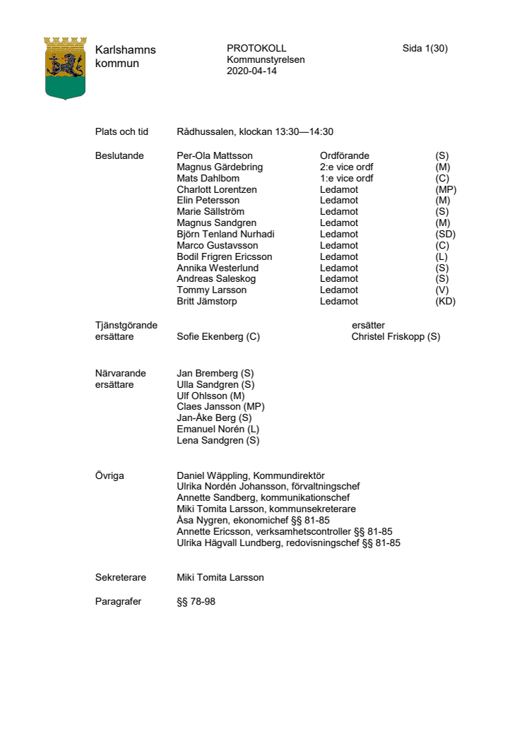 Protokoll Kommunstyrelsen 14 april 2020