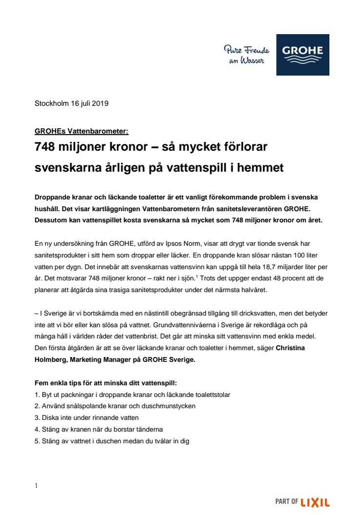 GROHEs Vattenbarometer: 748 miljoner kronor – så mycket förlorar svenskarna årligen på vattenspill i hemmet