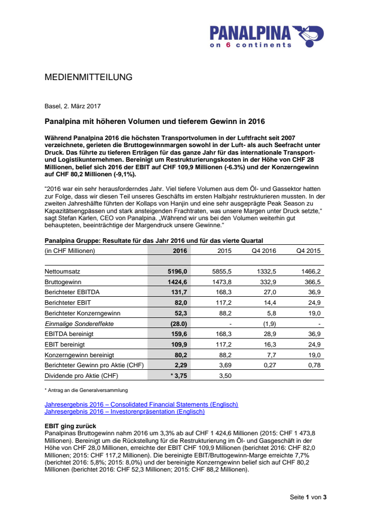 Panalpina mit höheren Volumen und tieferem Gewinn in 2016