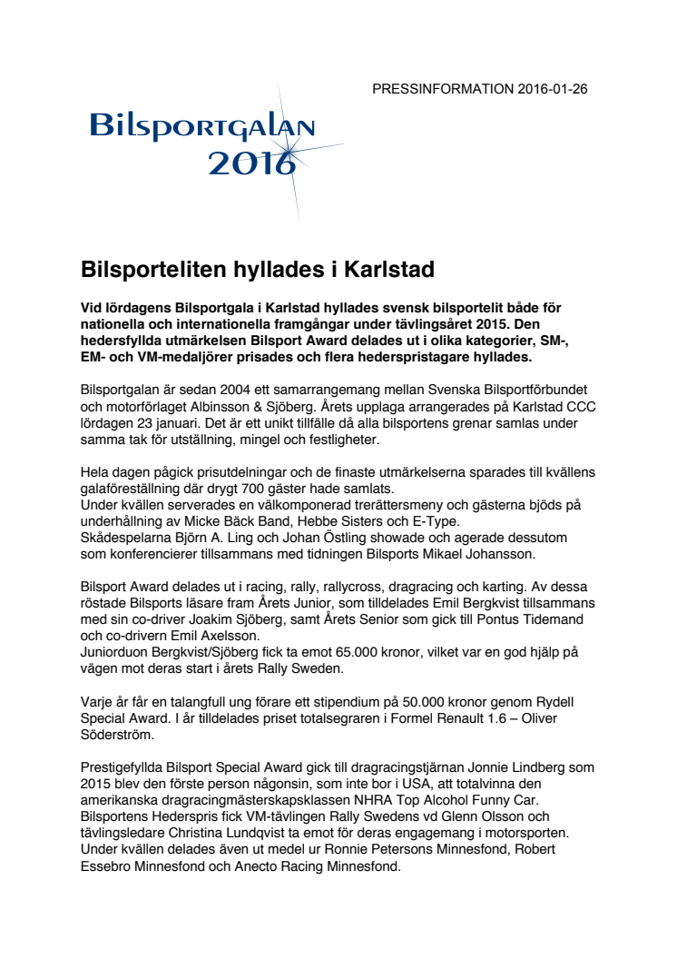 Bilsporteliten hyllades i Karlstad