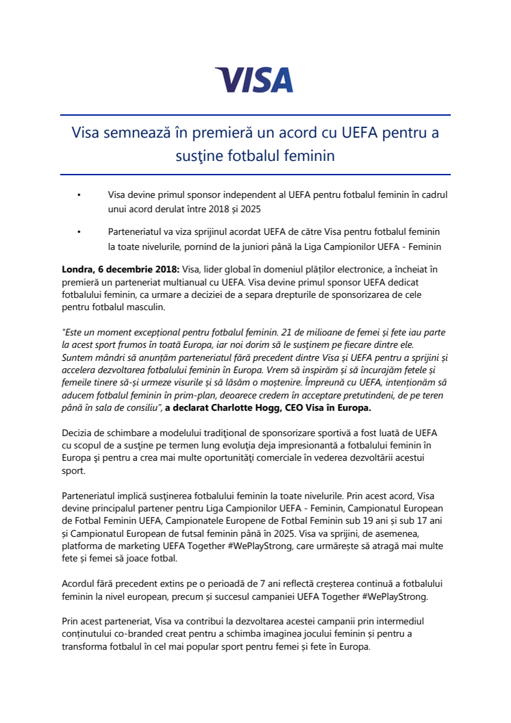 Visa semnează în premieră un acord cu UEFA pentru a susţine fotbalul feminin