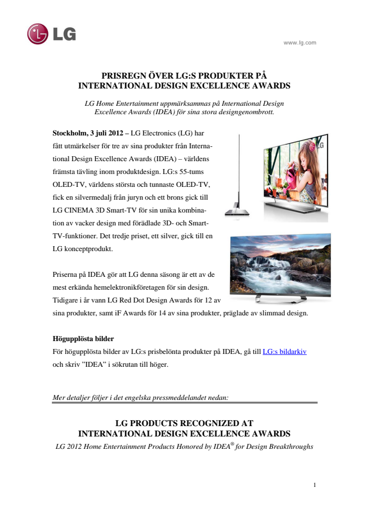 PRISREGN ÖVER LG:S PRODUKTER PÅ INTERNATIONAL DESIGN EXCELLENCE AWARDS 