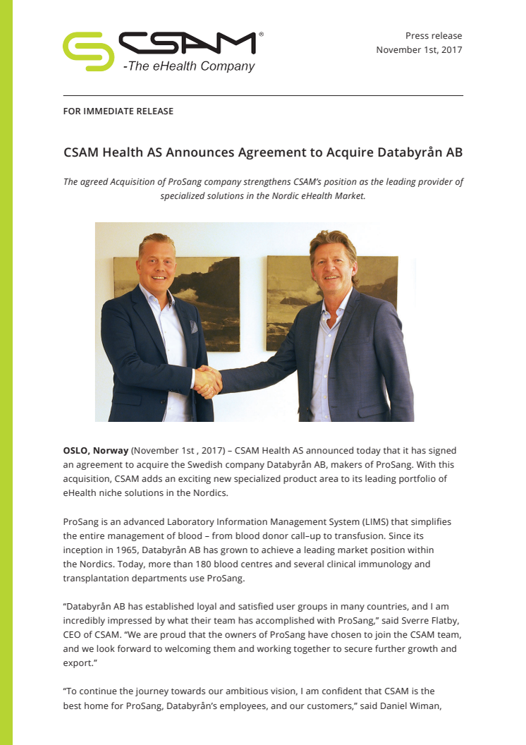 CSAM Health AS acquires Databyrån AB