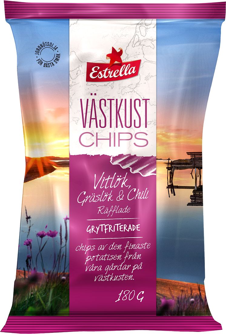 10747 7292 Estrella CHP Vastkustchips Vitlok Graslok och Chili 180g