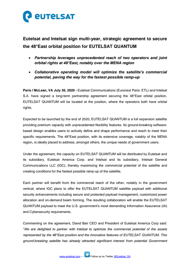 Eutelsat and Intelsat sign multi-year, strategic agreement to secure the 48°East orbital position for EUTELSAT QUANTUM 