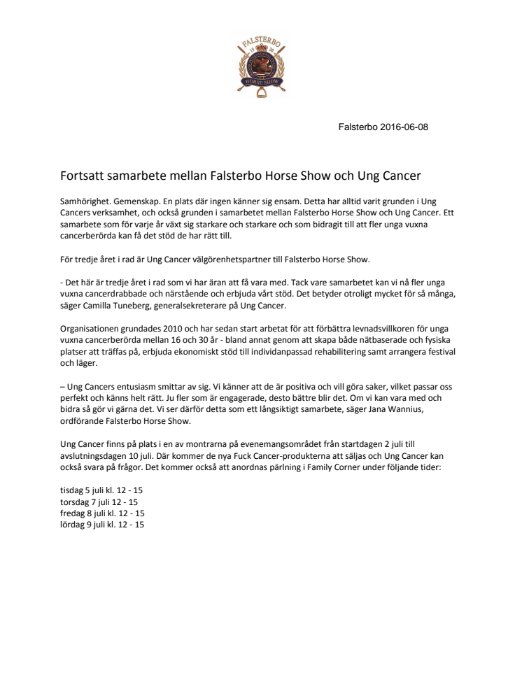 ​Fortsatt samarbete mellan Falsterbo Horse Show och Ung Cancer