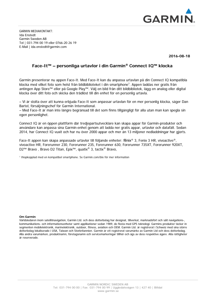 Face-It™ – personliga urtavlor i din Garmin® Connect IQ™ klocka