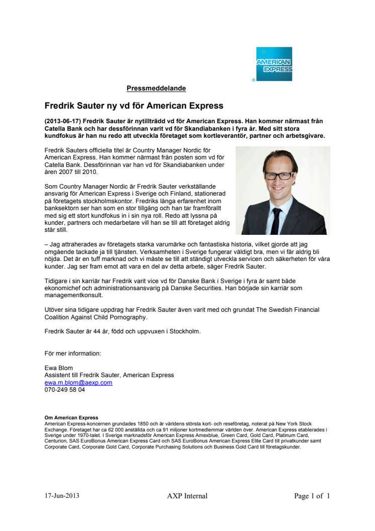 Fredrik Sauter ny vd för American Express