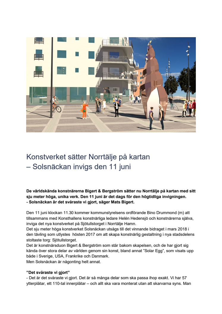 Konstverket sätter Norrtälje på kartan  – Solsnäckan invigs 11 juni