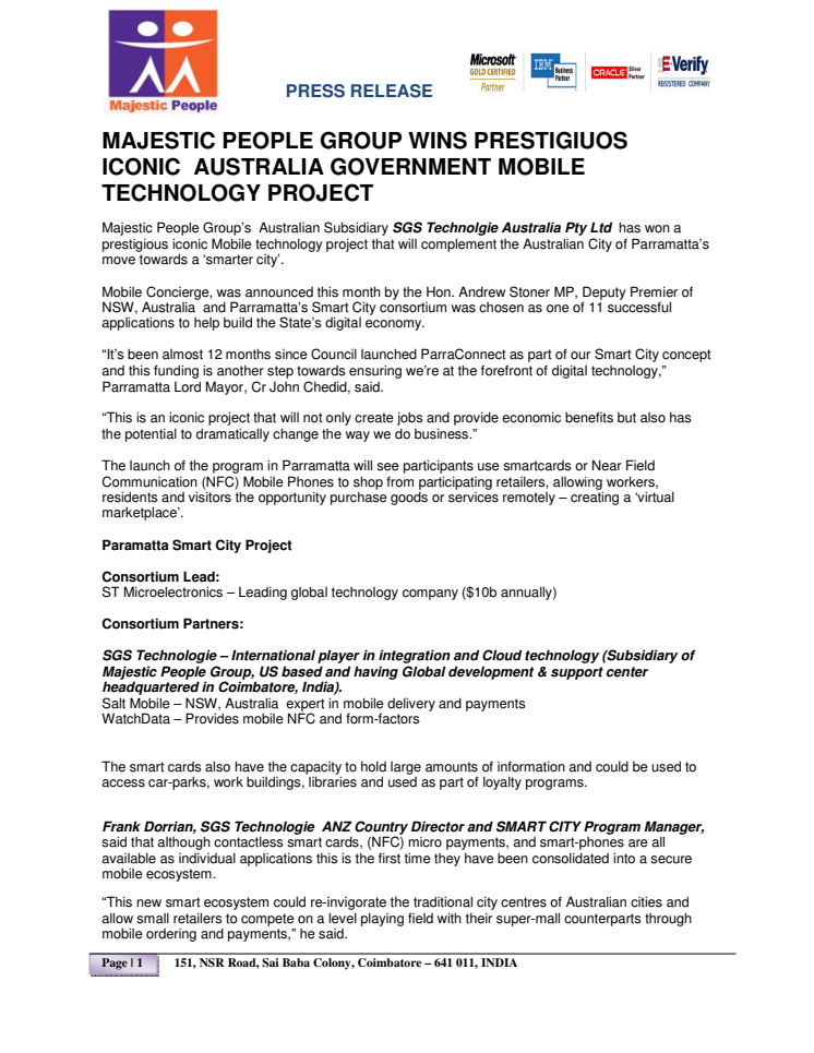 MAJESTIC PEOPLE GROUP WINS PRESTIGIUOS ICONIC  AUSTRALIA GOVERNMENT MOBILE TECHNOLOGY PROJECT