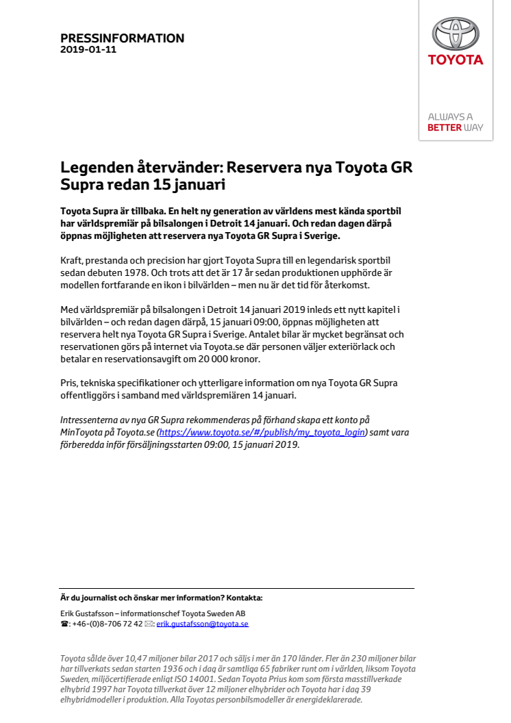 Legenden återvänder: Reservera nya Toyota GR Supra redan 15 januari
