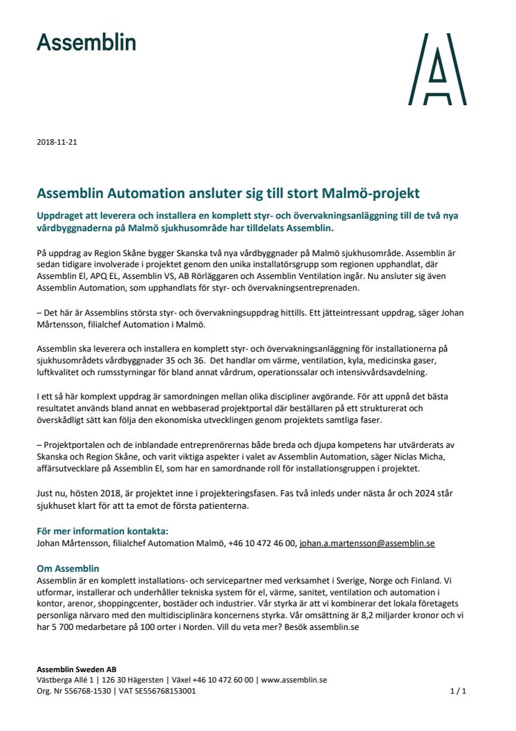 Assemblin Automation ansluter sig till stort Malmö-projekt