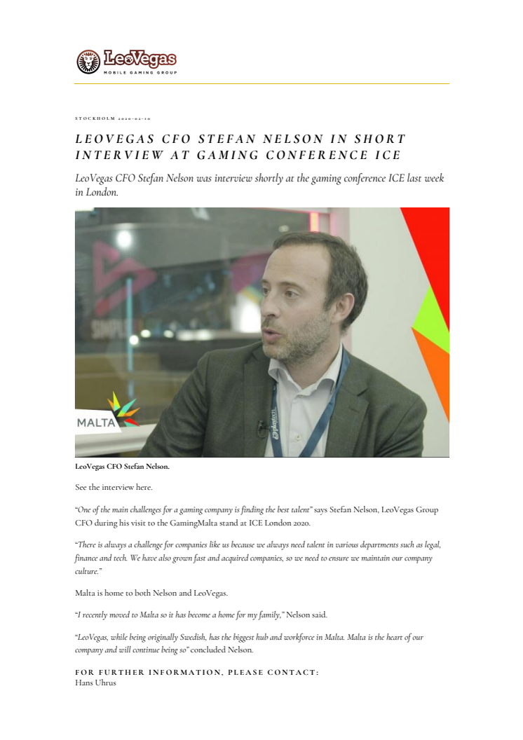 LeoVegas CFO Stefan Nelson in short interview at Gaming conference ICE