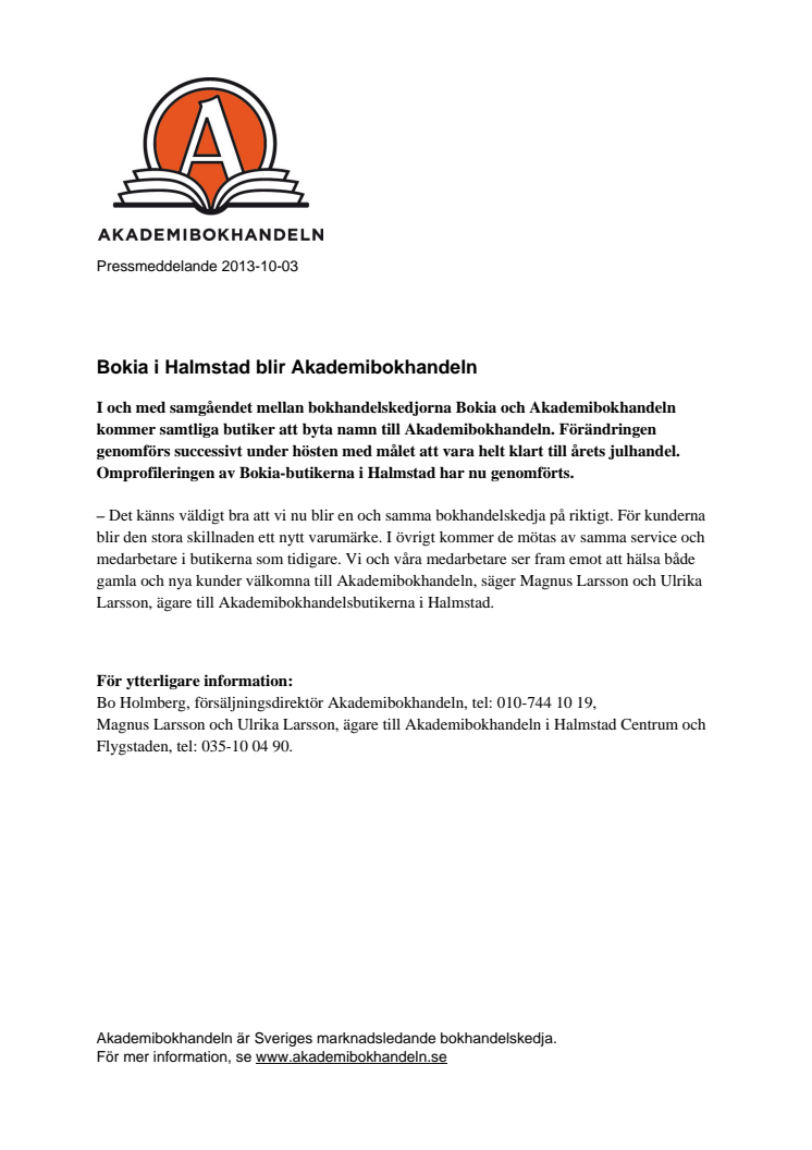 Bokia i Halmstad blir Akademibokhandeln 