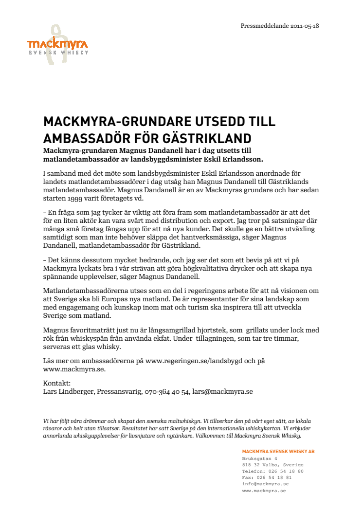 Mackmyra-grundare utsedd till ambassadör för Gästrikland